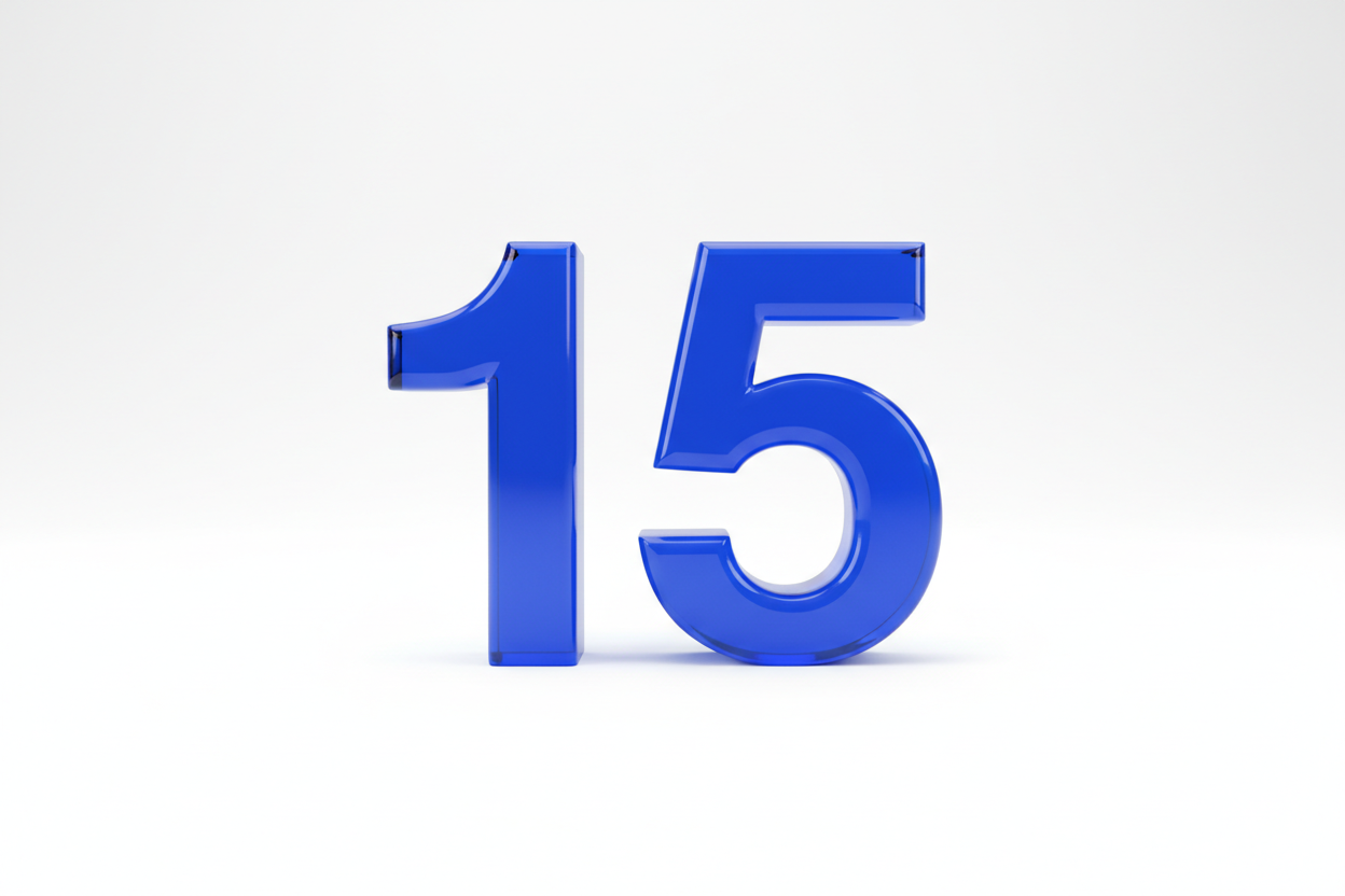 un número 15 en blue glass (not cracked) sobre fondo blanco liso puro sin sombra