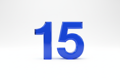 un número 15 en blue glass (not cracked) sobre fondo blanco liso puro sin sombra